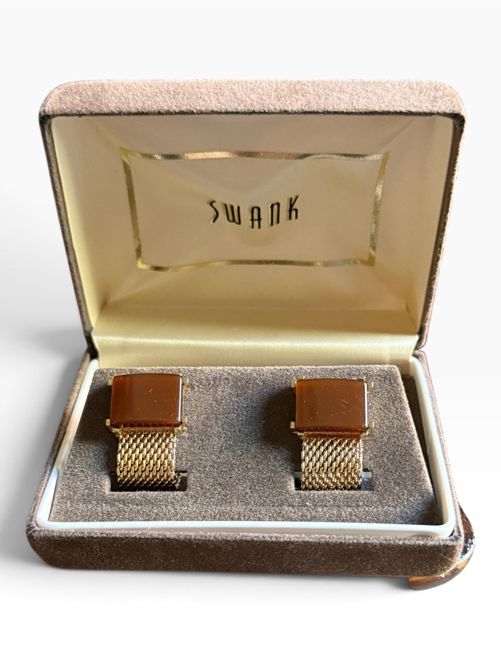Vintage SWANK Gold Mesh Wrap Around Cufflinks Brown Cabochon